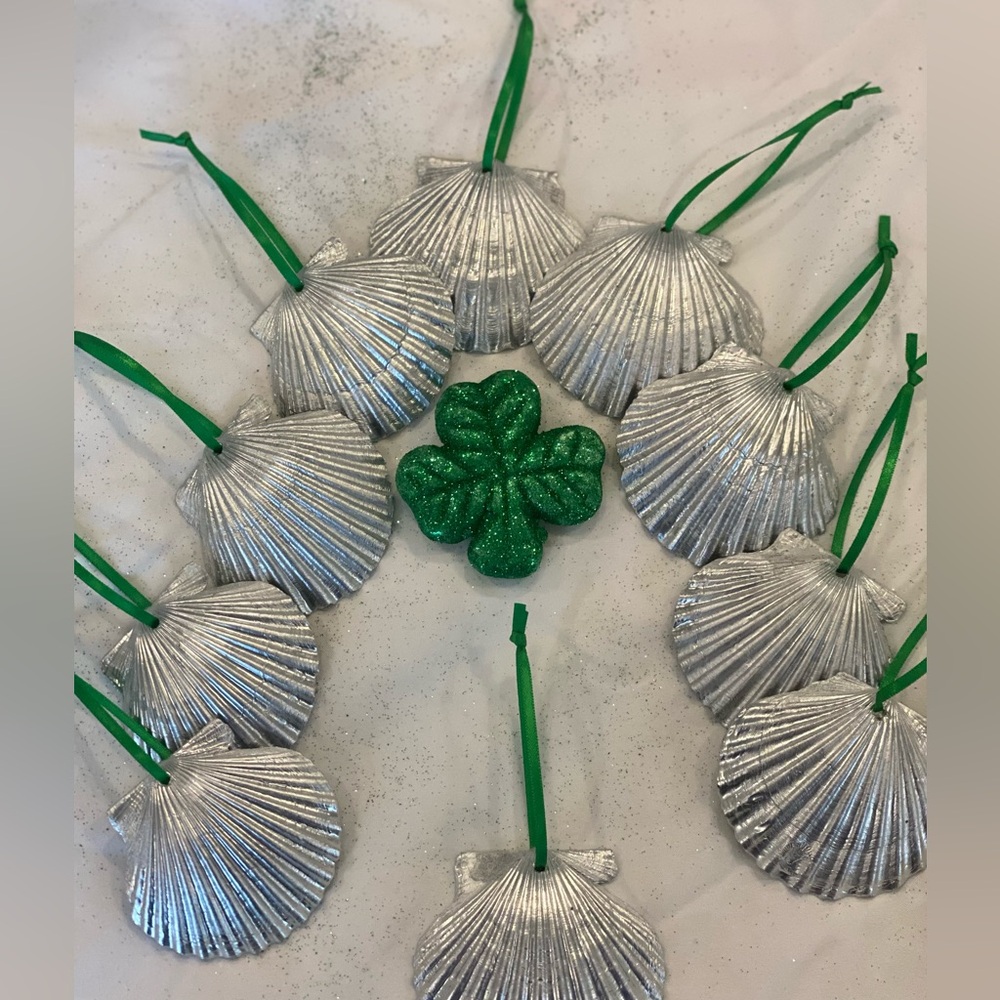 Lot of 10 Silver Scallop Shells with Green Ribbon Perfect for St. Patrick’s Day